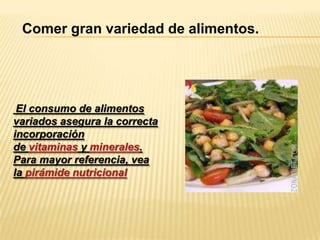 Comer gran variedad de alimentos.

El consumo de alimentos
variados asegura la correcta
incorporación
de vitaminas y minerales.
Para mayor referencia, vea
la pirámide nutricional

 