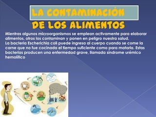 La contaminación
de los alimentos
Mientras algunos microorganismos se emplean activamente para elaborar
alimentos, otros los contaminan y ponen en peligro nuestra salud.
La bacteria Escherichia coli puede ingresa al cuerpo cuando se come la
carne que no fue cocinada el tiempo suficiente como para matarla. Estas
bacterias producen una enfermedad grave, llamada síndrome urémico
hemolítico

 