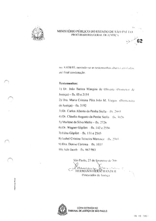 :--,r '
MINISTÉRIO PlJBLICO DO ESTADO DE SA() I'.ll()
PROCURADURIA GERAI. DE ll'STI('
_..,.... /62
•lIl· linal condcnaçào.
Testemunhas:
I) UI'. João Batista Mangim de Ulilélr.1 11'1"'11"'1,'1' de'
Justiça) - fls. 05 e 2154
2) Dra. Maria Cristina Pêra JO;lo IVI. 'il")l<h 11'1'<'[1;,'1>1'.1
de Justiça) . tls. 3192
-') DI'. Carlos Alberto da Penha Stella . Ik ~l)q,
4) DI'. Cláudio Augusto da Penha Stella Ih. <il.'(>
.') Marlene da Silva Mello - Ils. 272(,
(,) DI'. Wagner Güpfert . fls. 142 c 2~:i(,
7) I:dna Giipfel1 . Ih. 131 e 2545
R) Izabel Cristina Tei.xeira Maruno, . Ih. 2")~
'i) lha. DcniseCol1ona fls. 1037
10) ,-dir JaCOD . ns. 967/983
S30 Paulo. 27 de lf'vercI "(1 dtO :. li!
..-.)>(u-...>"coce 'ç- J:~(o, .' '- ,.' - '. ' .
'-- ../ IIf-RMANN 1·IERSCllV DI R
I'roctlt"ador ele .Ilh11,'"
S· P" COPIA EXTRAiDA Ng
•
'
.<"-'~ TRIBUI<!AL DE JUSTiÇA DE SAD PAULD
16 I () ?OC'
 