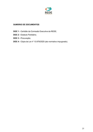 SUMÁRIO DE DOCUMENTOS
DOC 1​ - Certidão da Comissão Executiva da REDE;
DOC 2​ - Estatuto Partidário;
DOC 3​ - Procuração;
DOC 4​ - Cópia da Lei nº 13.979/2020 (ato normativo impugnado).
25
 