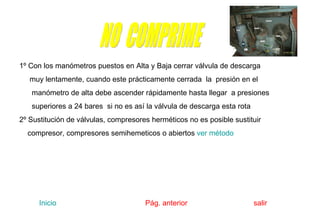 NO  COMPRIME 1º Con los manómetros puestos en Alta y Baja cerrar válvula de descarga  muy lentamente, cuando este prácticamente cerrada  la  presión en el  manómetro de alta debe ascender rápidamente hasta llegar  a presiones  superiores a 24 bares  si no es así la válvula de descarga esta rota 2º Sustitución de válvulas, compresores herméticos no es posible sustituir  compresor, compresores semihemeticos o abiertos  ver método    Inicio   Pág. anterior  salir 