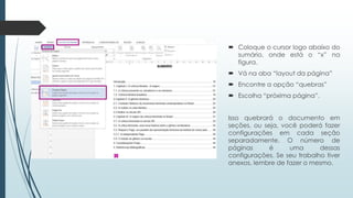  Coloque o cursor logo abaixo do
sumário, onde está o “x” na
figura.
 Vá na aba “layout da página”
 Encontre a opção “quebras”
 Escolha “próxima página”.
Isso quebrará o documento em
seções, ou seja, você poderá fazer
configurações em cada seção
separadamente. O número de
páginas é uma dessas
configurações. Se seu trabalho tiver
anexos, lembre de fazer o mesmo.
 