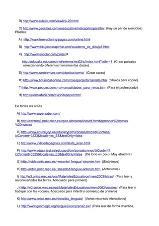 B) http://www.aulatic.com/viewlink-20.html
C) http://www.geocities.com/eseducativa/indiceprincipal.html (hay un par de ejercicios)
Plástica
Α) http://www.free-coloring-pages.com/online.html
Β) http://www.dibujosparapintar.com/cuaderno_de_dibujo1.html
Χ) http://www.escolar.com/pintar/#
http://educalia.educared.net/externs/est02/s/index.html?taller=1 (Crear paisajes
seleccionando diferentes herramientas dadas)
Ε) http://www.xardesvives.com/plastica/comic/ (Crear caras)
Φ) http://www.botanical-online.com/rosesperpintarcastella.htm (dibujos para copiar)
Γ) http://www.peques.com.mx/manualidades_para_ninos.htm (Para el profesorado)
Η) http://cienciafacil.com/aviondepapel.html
De todas las áreas
A) http://www.supersaber.com/
B) http://centros6.pntic.mec.es/cpee.alborada/linksinf.htm#Aprender%20cosas
%20nuevas
D) http://www.educa.jcyl.es/educacyl/cm/zonaalumnos/tkContent?
idContent=3523&locale=es_ES&textOnly=false
E) http://www.indicedepaginas.com/tests_acen.html
F) http://www.educa.jcyl.es/educacyl/cm/zonaalumnos/tkContent?
idContent=3525&locale=es_ES&textOnly=false (De todo un poco. Muy atractiva)
G) http://roble.pntic.mec.es/~msanto1/lengua/-sinonim.htm (Sinónimos)
H) http://roble.pntic.mec.es/~msanto1/lengua/-antonim.htm (Antónimos)
I) http://w3.cnice.mec.es/eos/MaterialesEducativos/mem2003/letras/ (Para leer y
reconocertodas las letras. Adecuado para primero)
J) http://w3.cnice.mec.es/eos/MaterialesEducativos/mem2003/vocales/ (Para leer y
trabajar con las vocales. Adecuado para infantil y comienzo de primero)
K) http://www.cnice.mec.es/ninos/las_lenguas/ (Varios recursos interactivos)
L) http://www.genmagic.org/lengua2/comprens2.swf (Para leer de forma divertida,
 
