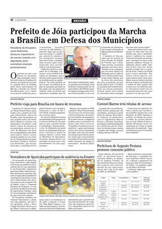 20   O REPÓRTER
                                                                                               REGIÃO                                                                     SÁBADO, 18 de julho de 2009




Prefeito de Jóia participou da Marcha
a Brasília em Defesa dos Municípios
Presidente da Amuplam,              comunidade. “Quando                                                                   trapartida da prefeitura,                     recursos para nossa região”.
                                    ocorrem as dificuldades o                                                             isso sempre vai beneficiar                      Andreatta destaca que o mu-
Janio Andreatta,                    primeiro lugar que as pes-                                                            alguns setores da adminis-                    nicípio de Jóia está com um
destacou importância                soas procuram é o municí-                                                             tração”.                                      projeto que visa o embeleza-
                                    pio, através do prefeito e                                                              O prefeito de Jóia res-                     mento e melhoria da cidade.
de manter contato com               dos vereadores. Estamos                                                               salta que foi através de                      “Estamos tentando um projeto
deputados, para                     aqui para tentar conseguir                                                            uma emenda, do deputa-                        para conseguir recursos para
                                    mais recursos para nosso                                                              do Perondi, que o muni-                       passeios, asfaltos, rótulas, si-
reivindicar emendas                 município para atender                                                                cípio recebeu, na semana                      nalização, placas, enfim. Tam-
parlamentares                       melhor nossa população”.                                                              passada, um trator novo.                      bém temos uma luta muito
                                      Andreatta destacou que,                                                             “Estamos com a máquina,                       grande travada, que é a ques-
                                    antes de ir à Brasília, con-                                                          que em breve estará tra-                      tão de levar o Banco do Brasil


O
        prefeito de Jóia e pre      versou com os prefeitos da                                                            balhando para os agricul-                     para o nosso município. Nós
       sidente da Amuplam,          região da Amuplam, para                                                               tores. Então a gente espe-                    temos outros bancos, nos
       Janio Andreatta, conce-      discutir sobre quais seriam Prefeito de Jóia e presidente da Amuplam, Janio Andreatta ra que estas viagens, que                     quais somos muito bem aten-
deu entrevista ao Programa Fa-      as reivindicações na capital                                                          às vezes são questiona-                       didos, mas nós temos esta luta
torama, na manhã de terça-fei-      federal. “Na volta também va- mos visitar os deputados, sobre das pela população, porque                                            de levar o Banco do Brasil para
ra, quando falou de Brasília,       mos reunir os prefeitos da re- as questões das emendas. Hoje geram gastos para a Prefeitu-                                          a cidade de Jóia, porque com
onde esteve participando da         gião da Amuplam para falar so- nenhuma emenda pode ser de ra, possam trazer muitos bene-                                            certeza isso vai melhorar mui-
Marcha a Brasília em Defesa         bre aquilo que nos passaram e valor inferior a R$ 100 mil e quan- fícios aos nossos municípios.                                     to. Precisamos incluir isso no
dos Municípios, com o objeti-       também sobre as vitórias que do a gente consegue estes recur- Viremos tantas vezes quanto                                           orçamento para este ano, para
vo de buscar melhorias para a       esperamos conquistar aqui. Va- sos a fundo perdido e com con- for necessário para conseguir                                         acontecer no ano que vem”.


AUGUSTO PESTANA                                                                                                                      CORONEL BARROS


Prefeito viaja para Brasília em busca de recursos                                                                                    Coronel Barros terá rótulas de acesso
  O prefeito de Augusto Pesta-      gusto Pestana cinco projetos,                        Mesmo com a queda no FPM,                     O prefeito de Coronel Barros,      O processo foi agilizado de-
na, Vilmar Zimmermann, junta-       totalizado o valor de R$ 1.                       o prefeito Vilmar Zimmermann                   Olivar Scherer, juntamente com     vido a contato que o prefeito e
mente com o prefeito de Chia-       318.100,00, visando implemen-                      foi em busca de recursos para                 secretários, assessores e presi-   vice-prefeito mantiveram com
peta, Osmar Kuhn, esteve em         tar o turismo local.                              o desenvolvimento do municí-                   dente da câmara, Alceu Santo-      diretores do DNIT. Segundo o
Brasília, onde encaminhou vá-         No mesmo Ministério foram                       pio em benefício da população.                 ni, reuniu-se na quinta-feira      prefeito, as rótulas de acesso
rios projetos junto aos minis-      encaminhados três projetos do                     De acordo com ele, a viagem foi                com os engenheiros Marcos          à cidade de Coronel Barros,
térios. Manteve contatos com        Consórcio da Rota do Yucumã,                      positiva, pois é necessário em-                Strauss e Eduardo Azambuja,        nas rua João Alfredo Scherer e
deputados e senadores, onde         uma vez que o prefeito Osmar                      penho para obter recursos.                     da empresa Azambuja Engenha-       Alfredo Wissmann, foram rei-
deixou cópias de projetos já        é o presidente e Zimmermann,                      “Deixamos os projetos nos mi-                  ria e Geotecnia, que foi vence-    vindicação de todas as admi-
encaminhados através do Si-         o vice. No Ministério da Saúde                    nistérios e agora precisamos                   dora da licitação para realizar    nistrações do município. “Ago-
conv. No Ministério do Turis-       foram encaminhados dois pro-                      cobrar dos nossos deputados                    o projeto das rótulas, acessos     ra finalmente está se tornando
mo, acompanhados pelo depu-         jetos, referente à saúde de                       da região, para que nos auxili-                e pistas laterais à BR 285.        uma realidade”.
tado federal Vilson Covatti,        atenção básica e outros dois                      em na aprovação destes proje-
manteve audiência com o Dire-       no Ministério da Agricultura,                     tos, sendo que os representan-
tor de Departamento de Infra-       Pecuária e Abastecimento, ob-                     tes políticos têm demonstrado
Estrutura Turística, Roberto        jetivando recursos para o de-                     muito interesse em ajudar os                   AUGUSTO PESTANA
Luis Bortolotto, que encami-        senvolvimento do setor agro-                      municípios”, finalizou Zimer-
nhou para o município de Au-        pecuário.                                         mann.                                          Prefeitura de Augusto Pestana
                                                                                                                                     promove concurso público
AJURICABA
                                                                                                                                       Estão abertas, até dia 23 de       Após preencher o formulário
Vereadores de Ajuricaba participam de audiência na Emater                                                                            julho, as inscrições para o
                                                                                                                                     concurso público no municí-
                                                                                                                                                                        da inscrição, o candidato de-
                                                                                                                                                                        verá imprimir o boleto bancá-
  Os vereadores de Ajuricaba,                                                                                                        pio de Augusto Pestana. As         rio e efetuar o pagamento da
Paulo Dolovitch e Nilto Rigoli,                                                                                                      inscrições deverão ser realiza-    taxa até a data de vencimento
estiveram em audiência na ter-                                                                                                       das somente pela internet,         do boleto, em qualquer agên-
ça-feira, dia 14, com o presiden-                                                                                                    através do site www.unijui.        cia do Banco do Brasil.
te da Emater/RS, engenheiro                                                                                                          edu.br, até o dia 24 de julho        Confira as vagas para o con-
agrônomo Mário Nascimento.                                                                                                           de 2009, às 23h59min.              curso público:
Eles discutiram assuntos refe-
rentes à agricultura familiar do
município de Ajuricaba e toma-
ram conhecimento dos diver-
sos projetos que a Emater tem
na região, como o Programa
Estadual de Irrigação, a Com-
pra Direto da Merenda Escolar
da Agricultura Familiar, além
do Licenciamento Ambiental,
em parceria com a Fepam.            Vereadores Paulo Dolovitch e Nilto Rigoli estiveram em audiência com o presidente da Emater/RS
  Os vereadores também con-
vidaram Nascimento a minis-         sição para ir ao município fa-                    salientando que a grande mai-
trar uma palestra, em data a        lar sobre o assunto. O verea-                     oria dos produtores do muni-
ser agendada, sobre o Novo          dor Nilto Rigoli elogiou o tra-                   cípio são pequenos agriculto-
Código Florestal e Reserva Le-      balho de Nascimento e dos téc-                    res e dependem muito do tra-
gal. Mário colocou-se à dispo-      nicos do Escritório Municipal,                    balho da Emater.
 