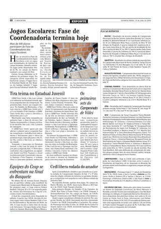 22   O REPÓRTER
                                                                                       ESPORTE                                                               QUARTA-FEIRA, 15 de julho de 2009




Jogos Escolares: Fase de                                                                                                            PLACAR REPÓRTER


Coordenadoria termina hoje                                                                                                              BOCHA – Resultados da terceira rodada do Campeonato
                                                                                                                                     Municipal de Bocha Calcário. Sexta-feira, Boniatti 2x1 Cancha
                                                                                                                                     do Miro “A”; Balneário Rakoski “A” 2x1 Cancha do Carlinhos; Clu-
                                                                                                                                     be 35 2x1 Dallepiane Moto Peças e Cancha do Miro “B” 3x0
Mais de 500 alunos                   pler, de Pa-
                                                                                                                                     Amigos do Elizabeth. A quarta rodada tem seqüência de jo-
                                     nambi.
participam da Fase de                  Na modali-                                                                                    gos nesta sexta-feira, às 20h, na cancha da localidade de Itaí,
Coordenadoria dos                    dade de xa-                                                                                     Itaí x Cancha do Miro “A”; às 19h15, Cancha Jardim Sede, Posto
                                                                                                                                     Antonello x Cancha do Carlinhos; às 19h15, Cancha do Alberi,
Jogos Escolares                      drez, mirim
                                                                                                                                     Rancho da Amizade x Dallepiane Moto Peças e na Cancha do
                                     masculino,
                                                                                                                                     João, às 19h15, Snooker Bar x Amigos do Elizabeth.

H
       oje, se encerra a Fase de     venceu a Es-
       Coordenadoria dos Jogos       cola Munici-
       Escolares com os jogos        pal Soares                                                                                        SINTÉTICA – Resultados da sétima rodada da segunda fase,
nas modalidades de futebol de        de Barros,                                                                                      do Campeonato Municipal de Bocha Sintética. Tiarajú Piscina
campo feminino, infantil e mirim.    de Ijuí e mi-                                                                                   1x2 SER Burtet; CTG Avô Maragato 1x2 25 de Julho “A”; 25 de
Os jogos serão disputados des-       rim femini-                                                                                     Julho “B” 3x0 Thomé de Souza e Clube Aquático Tiarajú 2X1
de às 8h, no campo do Bairro         no, Escola                                                                                      Cabos e Soldados.
Lambari e no campo do Sesi.          Estadual
  Ontem, foram definidos os fi-      Poncho Ver-                                                                                       AUGUSTO PESTANA – Campeonato Municipal de Futsal, no
nalistas da próxima etapa. No        de, de Pa-                                                                                      Ginásio de Esportes, amanhã, a partir das 19h30, categoria li-
categoria mirim masculino do         nambi; infan-                                                                                   vre, Segunda Feira x Milan; feminino, Sorveteria Fauro x X Sala-
futebol de campo, 1º lugar, Esco-    til masculi- Jogos escolares tem como ascensão o xadrez, a modalidade que exige inteligência    da Clube da Bochinha; categoria livre masculino, AAPF x X Sa-
la Estadual Barão do Rio Bran-       no, Escola Estadual Bozano e fe- no, Escola Estadual Poncho Ver-                                lada “A”
                                                                                                                                            .
co, de Catuípe; infantil, 1º lugar   minino, Escola Estadual São de, de Panambi; feminino, Esco-
para Escola Estadual Adolfo Ke-      Geraldo, de Ijuí; juvenil masculi- la Estadual Bozano.                                            CORONEL BARROS – Teve andamento no último final de
                                                                                                                                     semana, o Campeonato Municipal de Futsal com os seguintes
                                                                                                                                     resultados: Mundial Fibras/Posto Cel. Barros 5x1 Manda Brasa
Tira teima no Estadual Juvenil                                                                       Os                              Junior; Amigos 4x11 Sercel e Parceria/Mec.JK 7x4 Agropecuária
                                                                                                                                     Deconto. Sexta, às 19h15, no Ginásio Capitão Dunga,
  GBM/Ouro Verde e São Luiz voltam
a se enfrentar no Estadual Juvenil, ago-
                                             Gaúcho de Passo Fundo. O time de
                                             Adilson dos Reis dispensou seis joga-
                                                                                                     primeiros                       Agropecuária Deconto x Manda Brasa “A”; às 20h15, Avecel x
                                                                                                                                     Cruzeiro (categoria veteranos) e às 21h15, Manda Brasa “B” x
                                                                                                                                     Grêmio.
ra na segunda fase da competição. Na
primeira fase, houve um empate téc-
                                             dores, Carlos Paraná, Fernando, Wag-
                                             ner, Julian, Cristiano e Anderson.                      sets do
nico. No Estádio da Montanha, o São            GBM/Ouro Verde e São Luiz estão na                                                      JÓIA – Resultados da 9ª rodada do Campeonato Municipal,
Luiz venceu o GBM/Ouro Verde por 3           chave 14, juntamente com Ypiranga de                    Campeonato                      primeira divisão, Ponte Preta “C” 0x7 Estrela “B”; São Jorge “B”
                                                                                                                                     1x1 São José “B” e São José “A” 4x5 São Jorge “A”.
a 2 e no Estádio 19 de Outubro, o GBM/       Erechim e Juventus de Santa Rosa. São
Ouro Verde deu o troco e derrotou o          Luiz e GBM/Ouro Verde estreiam dia                      de Vôlei                           SESI – Campeonato de Futsal, Esquadrias Tomm/Madelli/
Alvirrubro por 2 a 0.                        25, às 15h, no terceiro confronto dos
  Mostrando uma bela campanha na             representantes de Ijuí, no Estádio 19                     Está aberta mais              Portex 6x3 Gimenez e Gimenez/Gimenez Cia Ltda/Dipemasa;
primeira fase, o time do técnico Jair        de Outubro. Após o clássico, o GBM/                     uma competição                  Metal Ijuí/Pré Moldados Dreffs/Hélio Weiller WOx0 Moinho Ijuí/
Galvão surpreendeu e chegou na fren-         Ouro Verde recebe o Juventus, na Mon-                   promovida pela Co-              Hidroenergia “A”; Gimenez e Gimenez/Gimenez Cia Ltda/
te do favorito São Luiz, com 3 pontos        tanha e o São Luiz encara o Ypiranga,                   ordenadoria Especi-             Merkle Balmer 3x3 Imasa “B”; Madecor/Freitas e Freitas/Mó-
de vantagem.                                 na Baixada. Na sequência, o GBM/Ouro                    al de Desporto e La-            veis Novo Horizonte “A” 11x0 Perdigão “B”; Recapasul/Fonte
  O GBM/Ouro Verde optou por não             Verde enfrenta o Ypiranga, na Monta-                    zer de Ijuí. A primei-          da Ilha/Indústria de Sopro 5x4 Perdigão “A”; Soberana 7x2
alterar o plantel para a segunda fase        nha e o São Luiz pega o Juventus, na                    ra rodada iniciou no            Funicalha/Canabarro e Martins; Imasa “A” 11x1 Moinho Ijuí/
da competição e trabalha forte tatica-       Baixada.                                                sábado, com a dis-              Hidroenergia “B” e Dieco/Brasdiesel/Progresso Pneus 7x3
mente e fisicamente para o início da           No returno da segunda fase, o GBM/                    puta de quatro jo-              Madecor/Freitas e Freitas/Móveis Novo Horizonte “B”Amanhã,
                                                                                                                                                                                         .
próxima etapa, marcada para o dia 25,        Ouro Verde vai à Erechim, enfrentar o                   gos. O Ceap/Clini-              a partir das 18h45min, no Ginásio Municipal, Dieco/Brasdiesel/
às 15h, contra o São Luiz, no clássico       Ypiranga, joga em Santa Rosa contra o                   som Rad/Scala Aca-              Progresso Pneus x Gimenez/Dipemasa; Recapasul/Fonte da
da cidade.                                   Juventus e recebe o São Luiz, no clás-                  demia “A” venceu o              Ilha/Indústria de Sopro x Gimenez/Merkle Balmer; Imasa “A” x
  Temendo o insucesso no Estadual            sico da volta, no Estádio da Montanha.                  time “B” por 2 sets a           Esquadrias Tomm/Madelli/Portex e Soberana x Madecor/
Juvenil, o São Luiz foi atrás de refor-      O São Luiz encara o Ypiranga, em Ere-                   zero; Mundo Digital             Freitas e Freitas/Móveis Novos Horizontes “A” O Sesi confirma
                                                                                                                                                                                   .
ços para a segunda fase. O Alvirrubro        chim, vai à Santa Rosa enfrentar o Ju-                  2x0 Correios; Ceap/             para sexta-feira, às 19h15, reunião na sala de reuniões (Rua
contratou cinco jogadores: os zaguei-        ventus e encerra o turno no clássico                    Arquero/Posto Lam-              José Bonifácio, 462) para definição do campeonato de volei-
ros Daniel (ex-Três Passos) e Josué          contra o GBM/Ouro Verde.                                bari 2x0 Sindicato              bol, pingue-pongue, tênis de mesa, dominó, xadrez, natação,
(ex-Internacional e Juventude), atacan-        As duas melhores equipes na dispu-                    dos Contabilistas e             atletismo e tênis (categoria livre e master).
te Raimair (Três Passos), o volante          ta de turno e returno se classificam                    Só Parceria 2x0
Vitor e o atacante Jackson, ambos do         para a terceira etapa do Estadual.                      CCAA/UPV.                         LIBERTADORES – Hoje, às 21h50, será conhecido o Cam-
                                                                                                                                     peão da Libertadores 2009. A decisão entre Cruzeiro x
                                                                                                                                     Estudiantes, da Argentina, vai ser disputada no Mineirão. No
                                                                                                                                     primeiro duelo entre brasileiros e argentinos, empate sem gols,
Equipes do Ceap se                                   Cedl libera rodada do amador                                                    na Argentina.

enfrentam na final                                     Após a instabilidade climática que prejudicou a quar-
                                                     ta rodada do Campeonato Amador de Ijuí, 1ª e 2ª divi-
                                                                                                                                       BRASILEIRÃO – Prossegue hoje a 11ª edição do Brasileirão
                                                                                                                                     Série “A” Às 19h30, Goiás x Avaí e Coritiba x Grêmio; às 21h,
                                                                                                                                             .
do Basquete                                          sões da cidade e divisão do interior, no próximo domin-
                                                     go a competição terá sequência com a última rodada da
                                                                                                                                     Santo André x Atlético-PR e Santos x Barueri; às 21h50,
                                                                                                                                     Flamengo x Palmeiras; Atlético-MG x São Paulo e Inter x
  No último fim de semana foram disputa-             primeira fase.                                                                  Fluminense. Amanhã, às 21h, Náutico x Vitória e Corinthians x
das as partidas válidas pela semifinal do              Na segunda divisão, apenas dois jogos. No campo do                            Sport.
Campeonato Municipal de Basquete de Ijuí.            Bairro Modelo, às 13h30, Associação Moura x HCI Saú-
No primeiro jogo, o Ceap venceu Solner               de e às 15h30, Sepé Tiarajú x Estrela.                                            EXCURSÃO GRE-NAL – Motivados pela vitória incontestá-
Baskett Club por 45 a 41 e na segunda parti-           Pela primeira divisão, no Estádio 19 de Outubro, às                           vel diante do badalado Corinthians, de Mano Menezes e
da, vitória dos Veteranos do Ceap 62 a 61,           13h30, Boa Vista x Ponte Preta e às 15h30, Guarani x                            Ronaldo, a torcida Tricolor está motivada para o Gre-Nal deste
contra Centro Sul Informática.                       Arsenal/Baterias Gói. No campo da Imasa, às 13h30,                              domingo, no Olímpico. A organizada Borrachos Noroeste co-
  A final da competição será disputada no            Napoli x Americano e ás 15h30, Palestino x Sul América.                         loca a disposição dos gremistas ônibus, com saída às 5h, em
sábado. A partir das 14h30, decisão do ter-            Quatro jogos completam a divisão do interior. No cam-                         frente ao Posto Ouro e Prata. Informações com Rafael,
ceiro lugar entre Solner Baskett Club x Cen-         po do Chorão, às 13h30, Juventude dos Gói x Juventude                           9163.6100 ou Tamos, 9159.7555. O Consulado do Grêmio tam-
tro Sul Informática. Na decisão do título, às        Chorão e às 15h30, Farroupilha x Cachoeira. No campo                            bém está organizando excursão com saída às 12h, em frente
16h, o Ceap encara o outro time da escola,           do Flamengo da Linha 4 Leste, às 13h30, Ijuí da Linha 8 x                       ao Posto Central. Passagem ao preço de R$ 75,00. Mais infor-
o de Veteranos. Os jogos finais serão dispu-         Avante Júnior e às 15h30, Juventude Santana x Flamen-                           mações com os integrantes do Consulado.
tados no Ginásio Municipal Wilson Mânica.            go Santo Antônio.
 