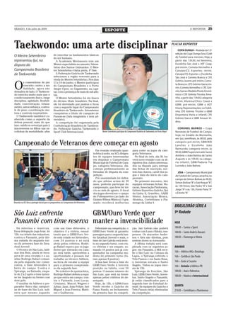 SÁBADO, 4 de julho de 2009
                                                                                                  ESPORTE                                                                                           O REPÓRTER        25




Taekwondo: uma arte disciplinar                                                                                                                                                      PLACAR REPÓRTER
                                                                                                                                                                                         COPA DUNGA – Rodada da 12ª
                                                                                                                                                                                       edição da Copa Dunga Sesc/Cedl
O Mestre Setembrino                            de exercitar os fundamentos básicos
                                               do ser humano.                                                                                                                          de Futebol para menores. Hoje, a
representou Ijuí, na                             A Academia Movimento tem um                                                                                                           partir das 13h30, no feminino,
disputa do                                     Mestre especialista no assunto, Setem-                                                                                                  Escolinha São José x AFF Ceap;
                                               brino dos Santos Guimarães. O Mes-                                                                                                      pré-mirim, Cometa Vermelho x
Campeonato Brasileiro                          tre Setembrino é faixa preta, 4º Dan.                                                                                                   Catuípe/CG Esportes; mirim,
de Taekwondo                                     A Federação Gaúcha de Taekwondo                                                                                                       Catuípe/CG Esportes x Escolinha
                                               selecionou a região noroeste para a                                                                                                     São José e Cometa Branco x CFE
                                               vinda do Mestre Setembrino. Nos dias                                                                                                    Grêmio Jovem; pré-mirim, Come-

O
        s comentários de pre                   13 e 14 de junho, o Mestre participou
        conceito contra a mo                                                                                                                                                           ta Branco x CFE Grêmio Garra; mi-
                                               do Campeonato Brasileiro e o Porto
        dalidade, agora são                    Alegre Open, no Gigantinho, na capi-                                                                                                    rim, Cometa Vermelho x CFE Grê-
deixados de lado. O Taekwon-                   tal, com a presença de mais de mil atle-                                                                                                mio Garra e Modelo/Ponto Econô-
do exercita muito mais que o                   tas.                                                                                                                                    mico x CFE Grêmio Tricolor. Ama-
condicionamento físico, exige                    O Mestre Setembrino foi em busca                                                                                                      nhã, a partir das 13h30, categoria
disciplina, agilidade, flexibili-              do décimo título brasileiro. Na final,                                                                                                  mirim, Afumisa/Chico Ceará x
dade, concentração, relaxa-                    ele foi derrotado por pontos e ficou                                                                                                    GBM; pré-mirim, GBM x ACF
mento, autoconfiança, contro-                  com o segundo lugar do Campeonato                                                                                                       HJung Representações; no fraldi-
le de peso, coordenação mo-                    Brasileiro de Taekwondo. Setembrino                                                                                                     nha, CFE Grêmio Tricolor x GBM
tora e controle respiratório.                  conquistou o título de campeão de
                                                                                                                                                                                       Empreteira Vieira e infantil, CFE
  O Taekwondo também é co-                     Puoom-se (luta imaginária e sem ad-
nhecido como o esporte da                                                                                                                                                              Grêmio Garra x GBM Amauri Vi-
                                               versário).
defesa pessoal, mais do que                      A competição foi organizada pela                                                                                                      dros.
isso, médicos orientam pais à                  Confederação Brasileira de Taekwon-
inscreverem os filhos nas es-                  do, Federação Gaúcha Taekwondo e                                                                                                          CORONEL BARROS – Copa
colinhas da modalidade, afim                   Sport Club Internacional.                       Mestre Setembrino participou do Campeonato Brasileiro de Taekwondo, em Porto Alegre     Noroeste de Futebol de Campo,
                                                                                                                                                                                       hoje, no Estádio da Montanha,
                                                                                                                                                                                       em Ijuí, semifinais, às 8h30, pela

Campeonato de Veteranos deve começar em agosto                                                                                                                                         categoria pré-mirim, GBM/Billi
                                                                                                                                                                                       Lanches x Escolinha João
                                                                                                                                                                                       Raimundo; categoria mirim, às
                                                                                         Em reunião realizada quar-                  para ceder os jogos da cate-
                                                                                                                                                                                       9h30, GBM/Supermercado Santo
                                                                                       ta-feira à noite, na ACI, dirigen-            goria Veteranos.
                                                                                       tes de equipes interessadas                     No final do mês, dia 30, ha-                    Antônio x João Batista de Santo
                                                                                       em disputar o Campeonato                      verá nova reunião com os di-                      Augusto e às 10h30, na catego-
                                                                                       Municipal de Futebol de Cam-                  rigentes dos clubes interessa-                    ria infantil, GBM/Padaria Tia
                                                                                       po, categoria Veteranos, dis-                 dos na disputa para entrega                       Lucinda x João Batista.
                                                                                       cutiram preliminarmente as                    das fichas de inscrição, sor-
                                                                                       fórmulas de disputa da com-                   teio das chaves, carnê dos jo-                      JÓIA – Campeonato Municipal
                                                                                       petição.                                      gos e data do início do cam-                      de Futebol de Campo, amanhã, no
                                                                                         Por unanimidade foi defini-                 peonato.                                          campo do Simon Bolívar, às 9h30,
                                                                                       do que atletas acima de 35                      No primeiro encontro, dez
                                                                                                                                                                                       Simon Bolívar “B” x São Roque “B”;
                                                                                       anos, poderão participar do                   equipes retiraram fichas: Hu-
                                                                                       campeonato, que deve ter iní-                 racan, Associação Pindorama,                      às 13h15min, São Pedro “A” x São
                                                                                       cio no mês de agosto. O local                 Grêmio Esportivo Gaúcho, Ijuí                     Jorge “A” e às 15h, Ponte Preta “A”
                                                                                       dos jogos deverá ser o campo                  da Linha 8, Granóleo, AABB                        x Estrela “A”
                                                                                                                                                                                                   .
                                                                                       do Poliesportivo (ao lado do                  Sênior, Associação Moura,
                                                                                       Ginásio Wilson Mânica). O gra-                Afumisa, Corinthians e Fla-
Reunião na ACI deu o pontapé inicial para os preparativos ao Campeonato de Veteranos   mado receberá melhorias                       mengo da Linha 4.
                                                                                                                                                                                      BRASILEIRÃO SÉRIE A
São Luiz enfrenta        GBM/Ouro Verde quer                                                                                                                                          9ª Rodada

Panambi com time reserva manter a invencibilidade                                                                                                                                     HOJE
  De interino e reser vas.                     com um time diferente, o                  Debutante na competição, o                  ção. Jair Galvão não poderá                      18h30 – Santos x Sport
Essa delegação joga hoje, às                   objetivo é a vitória, ressal-           GBM/Ouro Verde já garantiu                    contar com Luan e Batata, sus-                   18h30 – Santo André x Barueri
15h, na cidade das máquinas,                   tando que o GBM/Ouro Ver-               passagem para a segunda fase                  pensos. Os atacantes Ander-
contra o Panambi, pela últi-                   de está colado no Alvirrubro,           do Estadual Juvenil e mais, o                 son e Alex são dúvidas, pois                     18h30 – Flamengo x Vitória
ma rodada do segundo tur-                      com 24 pontos e só está                 time de Jair Galvão está invic-               sentem dores no tornozelo.
no da primeira fase do Esta-                   atrás pelos critérios. Rodri-           to no segundo turno, com cin-                   A última rodada será com-
dual Juvenil.                                  go Rafael espera que os joga-           co vitórias e um empate, so-                  pletada com os seguintes jo-                     AMANHÃ
  O técnico do São Luiz, Adil-                 dores que entrarão em cam-              mando 16 pontos aos já con-                   gos: em Panambi, a SER rece-
son dos Reis, ainda se recu-                   po esta tarde, aproveitem a             quistados na campanha mo-                     be o São Luiz; no Colosso da                     16h – Atlético-MG x Botafogo
pera de uma cirurgia e o au-                   oportunidade e possam dar               desta do primeiro turno (fo-                  Lagoa, o Ypiranga enfrenta o                     16h – Coritiba x São Paulo
xiliar Rodrigo Rafael coman-                   trabalho ao técnico Adilson,            ram apenas 8 pontos).                         Três Passos e em Santa Rosa,
da pela segunda vez conse-                     na hora de escalar a equipe               A boa fase levou o time do                  o Juventus encara o Santo                        16h – Goiás x Cruzeiro
cutiva, o time Alvirrubro à                    para o primeiro compromis-              GBM/Ouro Verde à terceira                     Ângelo. Todos os jogos inici-                    16h – Grêmio x Atlético-PR
beira de campo. Contra o                       so da segunda fase.                     posição na tabela, com 24                     am às 15h.
Ypiranga, na Baixada, empa-                      No coletivo de quinta-feira,          pontos. O mesmo número do                       Ypiranga de Erechim, São                       18h30 – Avaí x Palmeiras
te de 2 a 2 após o time ijuien-                Rodrigo Rafael definiu a equi-          São Luiz, que está na frente                  Luiz, GBM/Ouro Verde, Juven-
se ter largado na frente com                   pe que entra em campo, con-             apenas pelos critérios de de-                 tus, Santo Ângelo e Panambi,
                                                                                                                                                                                      18h30 – Náutico x Internacional
dois gols.                                     tra o Panambi, com Lucas;               sempate.                                      já estão classificados para a
  O auxiliar de Adilson e pre-                 Cristiano, Marcel, Wagner e               Hoje, às 15h, o GBM/Ouro                    segunda fase do Estadual Ju-
parador físico das categori-                   Julian; Juan, João Felipe, Iuri         Verde recebe o Gaúcho de                      venil. As equipes do Gaúcho e                    QUARTA
as de base do São Luiz, sali-                  Miguel e Jean Pereira; Matti-           Passo Fundo, no fechamento                    Três Passos estão eliminadas                     21h50 – Corinthians x Fluminense
enta que mesmo jogando                         oni e Guilherme.                        da primeira fase da competi-                  da competição.
 