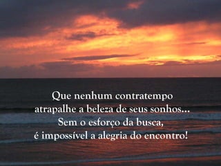 Que nenhum contratempo atrapalhe a beleza de seus sonhos... Sem o esforço da busca,  é impossível a alegria do encontro!   