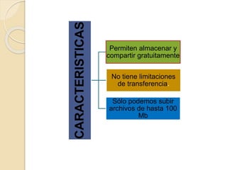 CARACTERISTICAS
Permiten almacenar y
compartir gratuitamente
No tiene limitaciones
de transferencia.
Sólo podemos subir
archivos de hasta 100
Mb
 