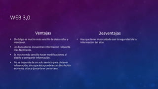 WEB 3,0
Ventajas
• El código es mucho más sencillo de desarrollar y
mantener.
• Los buscadores encuentran información relevante
más fácilmente.
• Es mucho más sencillo hacer modificaciones al
diseño o compartir información.
• No se depende de un solo servicio para obtener
información, sino que ésta puede estar distribuida
en varios sitios y juntarla en un tercero.
Desventajas
• Hay que tener más cuidado con la seguridad de la
información del sitio.
 