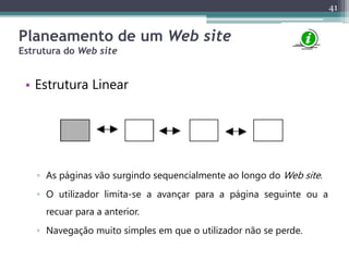 41
Planeamento de um Web site
Estrutura do Web site
• Estrutura Linear
▫ As páginas vão surgindo sequencialmente ao longo do Web site.
▫ O utilizador limita-se a avançar para a página seguinte ou a
recuar para a anterior.
▫ Navegação muito simples em que o utilizador não se perde.
 