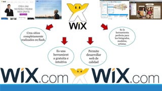 Es una
herramient
a gratuita e
intuitiva
Permite
desarrollar
web de
calidad
Es la
herramienta
perfecta para
los fotógrafos,
modelos,
artistas.
Crea sitios
completamente
realizados en flash.
 