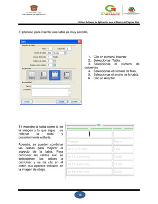 10
1. Clic en el menú Insertar
2. Seleccionas Tabla.
3. Seleccionas el número de
Utilizar Software de Aplicación para el Diseño de Páginas Web
El proceso para insertar una tabla es muy sencillo,
Te muestra la tabla como la de
la imagen y lo que sigue es
rellenar la tabla y
posteriormente editarla.
Además, se pueden combinar
las celdas para mejorar el
aspecto de la tabla. Para
combinar las celdas solo se
seleccionan las celdas a
combinar y se da clic en el
botón que aparece indicado en
la imagen de abajo.
columnas
4. Seleccionas el número de filas
5. Seleccionas el ancho de la tabla.
6. Clic en Aceptar.
 