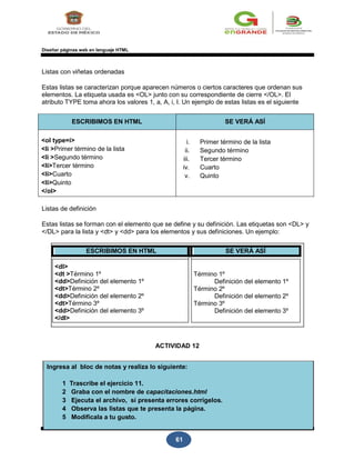 61
Diseñar páginas web en lenguaje HTML
Listas con viñetas ordenadas
Estas listas se caracterizan porque aparecen números o ciertos caracteres que ordenan sus
elementos. La etiqueta usada es <OL> junto con su correspondiente de cierre </OL>. El
atributo TYPE toma ahora los valores 1, a, A, i, I. Un ejemplo de estas listas es el siguiente
ESCRIBIMOS EN HTML SE VERÁ ASÍ
<ol type=i>
<li >Primer término de la lista
<li >Segundo término
<li>Tercer término
<li>Cuarto
<li>Quinto
</ol>
i. Primer término de la lista
ii. Segundo término
iii. Tercer término
iv. Cuarto
v. Quinto
Listas de definición
Estas listas se forman con el elemento que se define y su definición. Las etiquetas son <DL> y
</DL> para la lista y <dt> y <dd> para los elementos y sus definiciones. Un ejemplo:
ESCRIBIMOS EN HTML SE VERÁ ASÍ
<dl>
<dt >Término 1º
<dd>Definición del elemento 1º
<dt>Término 2º
<dd>Definición del elemento 2º
<dt>Término 3º
<dd>Definición del elemento 3º
</dl>
Término 1º
Definición del elemento 1º
Término 2º
Definición del elemento 2º
Término 3º
Definición del elemento 3º
ACTIVIDAD 12
Ingresa al bloc de notas y realiza lo siguiente:
1 Trascribe el ejercicio 11.
2 Graba con el nombre de capacitaciones.html
3 Ejecuta el archivo, sí presenta errores corrígelos.
4 Observa las listas que te presenta la página.
5 Modifícala a tu gusto.
 