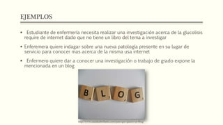 EJEMPLOS
 Estudiante de enfermería necesita realizar una investigación acerca de la glucolisis
require de internet dado que no tiene un libro del tema a investigar
 Enferemera quiere indagar sobre una nueva patología presente en su lugar de
servicio para conocer mas acerca de la misma usa internet
 Enfermero quiere dar a conocer una investigación o trabajo de grado expone la
mencionada en un blog
http://www.unaideabrillante.com/para-que-quiero-un-blog/
 