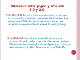 Diferencia entre pagina y sitio web
                2.0 y 3.0.
Sitio Web 2.0: Permite a sus usuarios interactuar con
  otros usuarios o cambiar contenido del sitio web. Las
  aplicaciones Web, los servicios de red social, los
  servicios de alojamiento de videos, las wikis y blogs.




 Sitio Web 3.0: Describe la evolución del uso y la
   interacción en la red a través de diferentes caminos.
   Ello incluye las tecnologías de inteligencia artificial, la
   web semántica, la Web Geoespacial, o la Web 3D.
 