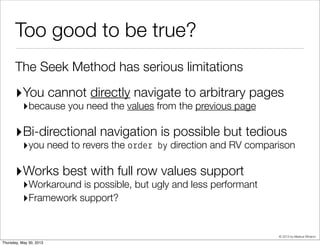 Seek Method with index for order by
L&m&# (a$#ua& !ows'10)
-> Index S"an Ba")wa%d (a$#ua& !ows'10)
Index *ond: ((#op&" ' 1234)
AND (ROW(d#, &d) < ROW(‘...’, 56789)))
 