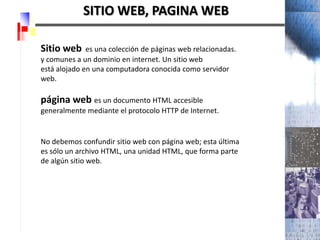 SITIO WEB, PAGINA WEB Sitio web  es una colección de páginas web relacionadas. y comunes a un dominio en internet. Un sitio web está alojado en una computadora conocida como servidor web. página web es un documento HTML accesible generalmente mediante el protocolo HTTP de Internet. PRESENTACION BASE DE DATOS No debemos confundir sitio web con página web; esta última es sólo un archivo HTML, una unidad HTML, que forma parte de algún sitio web. 