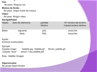 Voz:
  No pose Ninguna voz
Música de fondo:
  No pose ningún fondo de música
Video:
  No pose Ningún video
Navegabilidad:
Objeto    titulo de referencia            pantalla                    Nº nombre del archivo
                                          Destino                    /capas/ventana destino:

Botón            siguiente                  p03,                          inicio.htm
                   Atrás                    P02,                          Inicio.htm

Ayuda:
Archivos involucrados:

Ejemplo:
Carpeta imags”       Satelite.jpg, Satélite.gif      Simon_satelite.gif
Carpeta “docs”      tema1.1.doc,satélite.pdf

Ruta : Satélite /Imagen


Hipervínculos:
No posee Hipervínculos
 