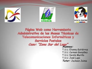 Alumnos:
T.S.U. Elianny Gutiérrez
T.S.U. Carmen González
T.S.U. Deidis Murillo
T.S.U. José Lupo
Tutor: Jackson Jaime
 