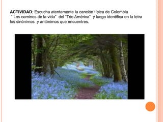 ACTIVIDAD: Escucha atentamente la canción típica de Colombia
 “ Los caminos de la vida” del “Trio América” y luego identifica en la letra
los sinónimos y antónimos que encuentres.
 