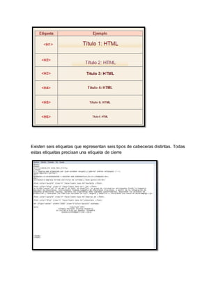 Existen seis etiquetas que representan seis tipos de cabeceras distintas. Todas
estas etiquetas precisan una etiqueta de cierre
 