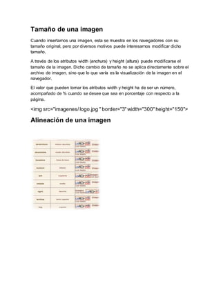 Tamaño de una imagen
Cuando insertamos una imagen, esta se muestra en los navegadores con su
tamaño original, pero por diversos motivos puede interesarnos modificar dicho
tamaño.
A través de los atributos width (anchura) y height (altura) puede modificarse el
tamaño de la imagen. Dicho cambio de tamaño no se aplica directamente sobre el
archivo de imagen, sino que lo que varía es la visualización de la imagen en el
navegador.
El valor que pueden tomar los atributos width y height ha de ser un número,
acompañado de % cuando se desee que sea en porcentaje con respecto a la
página.
<img src="imagenes/ logo.jpg " border="3" width="300" height="150">
Alineación de una imagen
 