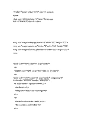 <hr align="center" widyh="50%" size="5" noshade
<pre>
<font color="#993366"size="4" face="Comic sans
MS">KOENISEGG<B></B></font>
<img src="imagenes/logo.jpg"border="9"width="250" height="200">
<img src="imagenes/carro.jpg"border="9"width="250" height="200">
<img src="imagenes/anima.gif"border="9"width="250" height="200">
<pre>
<table width="0%" border="0" align="center">
<tr>
<caption align="right" valign="top">tabla de precios<tr>
<tr>
<table width="50%" border="2" align="center" cellspacing="0"
bordercolor="#000000" bgcolor="#FFCC99">
<tr align="center" bgcolor="#0099CC">
<th>Sabado</td>
<td bgcolor="#66CC99">Domingo</td>
</tr>
<tr>
<th>verificacion de los modelos </td>
<th>aseptacion del modelo</td>
</tr>
 