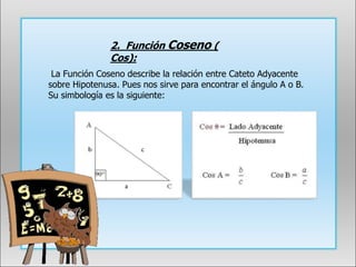 2. Función Coseno (
Cos):
La Función Coseno describe la relación entre Cateto Adyacente
sobre Hipotenusa. Pues nos sirve para encontrar el ángulo A o B.
Su simbología es la siguiente:
 