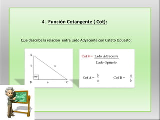 4. Función Cotangente ( Cot):
Que describe la relación entre Lado Adyacente con Cateto Opuesto:
 