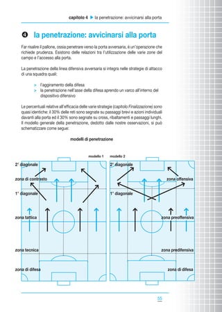 capitolo 4 u la penetrazione: avvicinarsi alla porta

x la penetrazione: avvicinarsi alla porta
Far risalire il pallone, ossia penetrare verso la porta avversaria, è un’operazione che
richiede prudenza. Esistono delle relazioni tra l’utilizzazione delle varie zone del
campo e l’accesso alla porta.
La penetrazione della linea difensiva avversaria si integra nelle strategie di attacco
di una squadra quali:
 l’aggiramento della difesa
 la penetrazione nell’asse della difesa aprendo un varco all’interno del
dispositivo difensivo
Le percentuali relative all’efficacia delle varie strategie (capitolo Finalizzazione) sono
quasi identiche: il 30% delle reti sono segnate su passaggi brevi e azioni individuali
davanti alla porta ed il 30% sono segnate su cross, ribaltamenti e passaggi lunghi.
Il modello generale della penetrazione, dedotto dalle nostre osservazioni, si può
schematizzare come segue:
modelli di penetrazione

modello 1

2° diagonale

modello 2

2° diagonale

zona di contrasto
1° diagonale

zona offensiva
1° diagonale

zona tattica

zona preoffensiva

zona tecnica

zona predifensiva

zona di difesa

zona di difesa

55
55

 