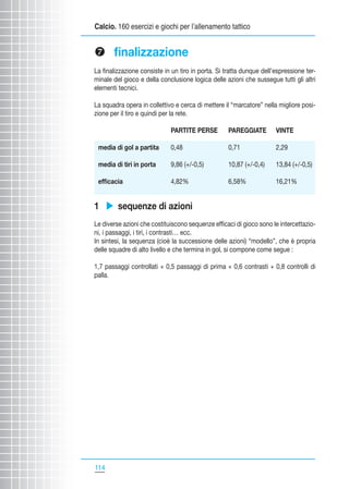 Calcio. 160 esercizi e giochi per l’allenamento tattico

{ finalizzazione
La finalizzazione consiste in un tiro in porta. Si tratta dunque dell’espressione terminale del gioco e della conclusione logica delle azioni che sussegue tutti gli altri
elementi tecnici.
La squadra opera in collettivo e cerca di mettere il “marcatore” nella migliore posizione per il tiro e quindi per la rete.
	

PARTITE PERSE	
media di gol a partita	
media di tiri in porta
efficacia	

PAREGGIATE	

VINTE

0,48	

0,71	

2,29

10,87 (+/-0,4)	

13,84 (+/-0,5)

6,58%	

16,21%

	 9,86 (+/-0,5)	
4,82%	

1 u sequenze di azioni
Le diverse azioni che costituiscono sequenze efficaci di gioco sono le intercettazioni, i passaggi, i tiri, i contrasti… ecc.
In sintesi, la sequenza (cioè la successione delle azioni) “modello”, che è propria
delle squadre di alto livello e che termina in gol, si compone come segue :
1,7 passaggi controllati + 0,5 passaggi di prima + 0,6 contrasti + 0,8 controlli di
palla.

114

 