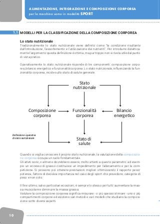 10
ALIMENTAZIONE, INTEGRAZIONE E COMPOSIZIONE CORPOREA
per la macchina uomo in modalità SPORT
MODELLI PER LA CLASSIFICAZIONE DELLA COMPOSIZIONE CORPOREA
Lo stato nutrizionale
Tradizionalmente lo stato nutrizionale viene definito come “la condizione risultante
dall’introduzione, l’assorbimento e l’utilizzazione dei nutrienti”. Per introdurre didattica-
mente l’argomento questa definizione è ottima, ma purtroppo non si rivela utile dal punto
di vista pratico.
Operativamente lo stato nutrizionale risponde di tre componenti: composizione corpo-
rea, bilancio energetico e funzionalità corporea. Lo stato nutrizionale, influenzando la fun-
zionalità corporea, incide sullo stato di salute generale.
Quando si voglia conoscere il proprio stato nutrizionale, la valutazione della composizio-
ne corporea occupa un ruolo fondamentale.
Gli atleti sono, o almeno dovrebbero essere, molto attenti a questo parametro: ad esem-
pio un eccesso di grasso costituisce un impedimento per l’allenamento e per la com-
petizione. Si possono poi ottenere prestazioni migliori ottimizzando il rapporto peso/
potenza, fattore di decisiva importanza nel caso degli sport che prevedono categorie di
peso e non solo.
Il fine ultimo, salvo particolari eccezioni, è sempre lo stesso per tutti: aumentare la mas-
sa muscolare e diminuire la massa grassa.
Valutare la composizione corporea significa misurare - o più spesso stimare - uno o più
compartimenti corporei ed esistono vari metodi e vari modelli che studiano la composi-
zione sotto diversi aspetti.
1.1
Stato
nutrizionale
Funzionalità
corporea
Composizione
corporea
Bilancio
energetico
Stato di
salute
Definizione operativa
di stato nutrizionale
 