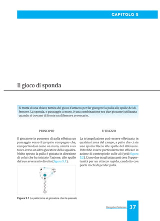 Bangsbo:Layout 1

03/04/2008

10.38

Pagina 37

CAPITOLO 5

Il gioco di sponda

Si tratta di una chiave tattica del gioco d’attacco per far giungere la palla alle spalle del difensore. La sponda, o passaggio a muro, è una combinazione tra due giocatori utilizzata
quando si trovano di fronte un difensore avversario.

PRINCIPIO

UTILIZZO

Il giocatore in possesso di palla effettua un
passaggio verso il proprio compagno che,
comportandosi come un muro, smista a un
tocco verso un altro giocatore della squadra.
Molto spesso la palla è giocata in direzione
di colui che ha iniziato l’azione, alle spalle
del suo avversario diretto ( igura 5.1).

La triangolazione può essere effettuata in
qualsiasi zona del campo, a patto che ci sia
uno spazio libero alle spalle del difensore.
Potrebbe essere particolarmente ef icace in
azione di contropiede sulle ali (vedi igura
5.2). L’uno-due tra gli attaccanti crea l’opportunità per un attacco rapido, condotto con
pochi rischi di perder palla.

Figura 5.1 La palla torna al giocatore che ha passato

Bangsbo-Peitersen

37

 