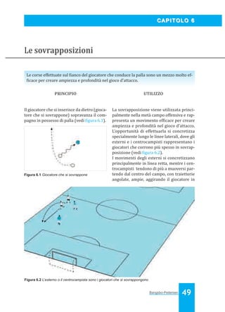 Bangsbo:Layout 1

03/04/2008

10.39

Pagina 49

CAPITOLO 6

Le sovrapposizioni
Le corse effettuate sul ianco del giocatore che conduce la palla sono un mezzo molto eficace per creare ampiezza e profondità nel gioco d’attacco.
PRINCIPIO

UTILIZZO

Il giocatore che si inserisce da dietro (giocatore che si sovrappone) sopravanza il compagno in possesso di palla (vedi igura 6.1).

La sovrapposizione viene utilizzata principalmente nella metà campo offensiva e rappresenta un movimento ef icace per creare
ampiezza e profondità nel gioco d’attacco.
L’opportunità di effettuarla si concretizza
specialmente lungo le linee laterali, dove gli
esterni e i centrocampisti rappresentano i
giocatori che corrono più spesso in sovrapposizione (vedi igura 6.2).
I movimenti degli esterni si concretizzano
principalmente in linea retta, mentre i centrocampisti tendono di più a muoversi partendo dal centro del campo, con traiettorie
angolate, ampie, aggirando il giocatore in

Figura 6.1 Giocatore che si sovrappone

Figura 6.2 L’esterno o il centrocampista sono i giocatori che si sovrappongono

Bangsbo-Peitersen

49

 