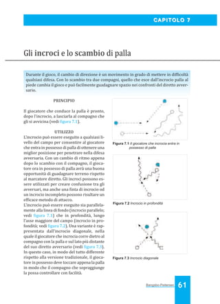 Bangsbo:Layout 1

03/04/2008

10.42

Pagina 61

CAPITOLO 7

Gli incroci e lo scambio di palla
Durante il gioco, il cambio di direzione è un movimento in grado di mettere in dif icoltà
qualsiasi difesa. Con lo scambio tra due compagni, quello che esce dall’incrocio palla al
piede cambia il gioco e può facilmente guadagnare spazio nei confronti del diretto avversario.
PRINCIPIO
Il giocatore che conduce la palla è pronto,
dopo l'incrocio, a lasciarla al compagno che
gli si avvicina (vedi igura 7.1).
UTILIZZO
L’incrocio può essere eseguito a qualsiasi livello del campo per consentire al giocatore
che entra in possesso di palla di ottenere una
miglior posizione per penetrare nella difesa
avversaria. Con un cambio di ritmo appena
dopo lo scambio con il compagno, il giocatore ora in possesso di palla avrà una buona
opportunità di guadagnare terreno rispetto
al marcatore diretto. Gli incroci possono essere utilizzati per creare confusione tra gli
avversari, ma anche una inta di incrocio od
un incrocio incompleto possono risultare un
ef icace metodo di attacco.
L'incrocio può essere eseguito sia parallelamente alla linea di fondo (incrocio parallelo;
vedi igura 7.1) che in profondità, lungo
l’asse maggiore del campo (incrocio in profondità; vedi igura 7.2). Una variante è rappresentata dall’incrocio diagonale, nella
quale il giocatore che incrocia corre dietro al
compagno con la palla e sul lato più distante
del suo diretto avversario (vedi igura 7.3).
In questo caso, in modo del tutto differente
rispetto alla versione tradizionale, il giocatore in possesso deve toccare appena la palla
in modo che il compagno che sopraggiunge
la possa controllare con facilità.

Figura 7.1 Il giocatore che incrocia entra in
possesso di palla

Figura 7.2 Incrocio in profondità

Figura 7.3 Incrocio diagonale

Bangsbo-Peitersen

61

 
