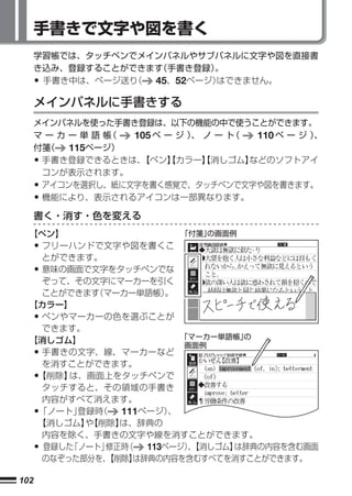 手書きで文字や図を書く
      学習帳では、タッチペンでメインパネルやサブパネルに文字や図を直接書
      き込み、登録することができます（手書き登録）。
      •手書き中は、ページ送り（ 45、52ページ）
                            はできません。

      メインパネルに手書きする
      メインパネルを使った手書き登録は、以下の機能の中で使うことができます。
      マーカー単語帳    （ 105 ペ ー ジ ） ノ ー ト
                              、     （  110 ペ ー ジ ）、
      付箋（  115ページ）
      •手書き登録できるときは、 【ペン】カラー】消しゴム】
                         【      【     などのソフトアイ
       コンが表示されます。
      •アイコンを選択し、紙に文字を書く感覚で、タッチペンで文字や図を書きます。
      •機能により、表示されるアイコンは一部異なります。

      書く・消す・色を変える
  【ペン】                   「付箋」 の画面例

      •
    フリーハンドで文字や図を書くこ
    とができます。
      •
    意味の画面で文字をタッチペンでな
    ぞって、その文字にマーカーを引く
    ことができます （マーカー単語帳） 。
  【カラー】
      •
    ペンやマーカーの色を選ぶことが
    できます。
                         「マーカー単語帳」 の
  【消しゴム】
                          画面例
      •
    手書きの文字、線、マーカーなど
    を消すことができます。
      •
   【削除】 は、画面上をタッチペンで
    タッチすると、その領域の手書き
    内容がすべて消えます。
      •
   「ノート」 登録時（  111ページ） 、
   【消しゴム】【削除】
          や    は、辞典の
   内容を除く、手書きの文字や線を消すことができます。
      •
    登録した「ノート」修正時（  113ページ）【消しゴム】
                          、       は辞典の内容を含む画面
    のなぞった部分を、【削除】は辞典の内容を含むすべてを消すことができます。

102
 