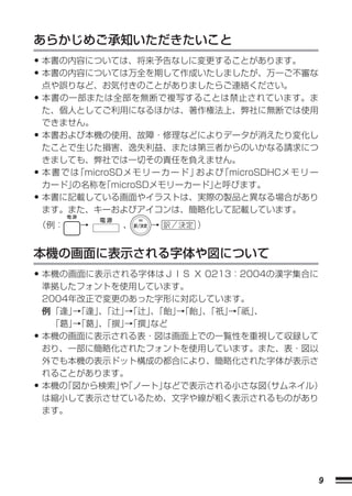 あらかじめご承知いただきたいこと
• 本書の内容については、将来予告なしに変更することがあります。
• 本書の内容については万全を期して作成いたしましたが、万一ご不審な
    点や誤りなど、お気付きのことがありましたらご連絡ください。
• 本書の一部または全部を無断で複写することは禁止されています。ま
    た、個人としてご利用になるほかは、著作権法上、弊社に無断では使用
    できません。
•   本書および本機の使用、故障・修理などによりデータが消えたり変化し
    たことで生じた損害、逸失利益、または第三者からのいかなる請求につ
    きましても、弊社では一切その責任を負えません。
•   本書では「microSDメ モ リ ー カ ー ド 」 よ び
                               お   「microSDHCメ モ リ ー
    カード」の名称を 「microSDメモリーカード」    と呼びます。
•   本書に記載している画面やイラストは、実際の製品と異なる場合があり
    ます。また、キーおよびアイコンは、簡略化して記載しています。
（例：       →       、   →       ）


本機の画面に表示される字体や図について
• 本機の画面に表示される字体はＪＩＳ X 0213：2004の漢字集合に
    準拠したフォントを使用しています。
    2004年改正で変更のあった字形に対応しています。
    例 「逢」「 」「辻」「 」「飴」「 」「祇」「 」
         →  、  →  、   →  、  →  、
      「葛」「 」「撰」「 」
         →  、  →  など
•   本機の画面に表示される表・図は画面上での一覧性を重視して収録して
    おり、一部に簡略化されたフォントを使用しています。また、表・図以
    外でも本機の表示ドット構成の都合により、簡略化された字体が表示さ
    れることがあります。
•   本機の「図から検索」「ノート」
              や     などで表示される小さな図（サムネイル）
    は縮小して表示させているため、文字や線が粗く表示されるものがあり
    ます。




                                                       9
 