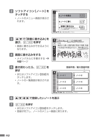 2 ソフトアイコン【ノート】を
          タッチする
          • ノートのメニュー画面が表示さ
            れます。




      3         で「辞書に書き込み」を
          選び、       を押す
          • 画面に書き込みができるように
            なります。

      4 画面に書き込みをする
          • メインパネルに手書きする
            102ページ

      5 書き終わったら、           を     登録件数／最大登録件数
          押す
          • またはソフトアイコン【登録】を
            タッチします。
          • ノートの一覧画面が表示されま
            す。




      6           で登録したいノートを選ぶ

      7          を押す
          • またはソフトアイコン【登録】をタッチします。
          • 登録が完了し、ノートのメニュー画面に戻ります。




112
 