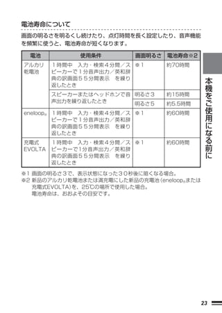 電池寿命について
画面の明るさを明るくし続けたり、点灯時間を長く設定したり、音声機能
を頻繁に使うと、電池寿命が短くなります。

  電池          使用条件        画面明るさ   電池寿命※2
アルカリ     １時間中 入力・検索４分間／ス ※１       約70時間
乾電池      ピーカーで１分音声出力／英和辞
         典の訳画面５５分間表示 を繰り
                                                本
         返したとき                                  機
                                                を
         スピーカーまたはヘッドホンで音 明るさ３     約15時間
         声出力を繰り返したとき
                                                ご
                         明るさ５     約5.5時間        使
eneloop® １時間中 入力・検索４分間／ス ※１       約60時間         用
         ピーカーで１分音声出力／英和辞                        に
         典の訳画面５５分間表示 を繰り                        な
         返したとき                                  る
充電式      １時間中 入力・検索４分間／ス ※１       約60時間         前
EVOLTA   ピーカーで1分音声出力／英和辞                        に
         典の訳画面５５分間表示 を繰り
         返したとき

※1 画面の明るさ３で、表示状態になった３０秒後に暗くなる場合。
※2 新品のアルカリ乾電池または満充電にした新品の充電池 （eneloop®または
   充電式EVOLTA）
            を、25℃の場所で使用した場合。
   電池寿命は、おおよその目安です。




                                           23
 