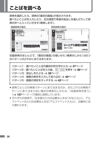 ことばを調べる
     辞典を選択したら、辞典の「最初の画面」
                       が表示されます。
     調べたいことばを入力したり、目次感覚で希望の見出しを選んだりして辞
     典の中へと入っていきます
                （検索します）。
     国語辞典の場合               英和辞典の場合




     収録辞典のほとんどで、「最初の画面」の使いかた（検索のしかた）は5つ
     のパターンのどれかにあてはまります。

         パターン1：調べたいことばの最初の何文字か入力     37ページ
         パターン2：調べたいことばを入力後、      を押す    38ページ
         パターン3：見出しをたどる  39ページ
         パターン4：複数の条件を入力して絞り込む    40ページ
         パターン5：画面の項目をタッチする   42ページ

     • 辞典ごとにどの検索パターンにあてはまるのか、またこれらの検索パ
      ターンにあてはまらない場合の検索のしかたは、   「収録辞典を使う」
     （  157ページ∼）で個別に説明しています。
     •それぞれの辞典で、日本語の入力が必要なときは  「かな入力」に、アル
      ファベットの入力が必要なときは 「アルファベット入力」に、自動的に切
      り替わります。




36
 