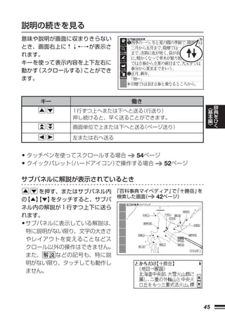 説明の続きを見る
意味や説明が画面に収まりきらない
とき、画面右上に↑↓←→が表示さ
れます。
キーを使って表示内容を上下左右に
動かす（スクロールする）ことができ
ます。



    キー                働き
                                             ︿   辞
          1行ずつ上へまたは下へと送る
                       （行送り）                 基   典
          押し続けると、早く送ることができます。                本   を
                                             編   ひ
          画面単位で上または下へと送る ページ送り）
                       （                     ﹀   く

          左または右へ送る


• タッチペンを使ってスクロールする場合 54ページ
• クイックパレット（ハードアイコン）で操作する場合   52ページ

サブパネルに解説が表示されているとき
    を押す、またはサブパネル内 「百科事典マイペディア」 「十勝岳」
                              で     を
の【▲】
   【▼】をタッチすると、サブパ
                  検索した画面（ 42ページ）
ネル内の解説が１行ずつ上下に送ら
れます。
•サブパネルに表示している解説は、
 特に説明がない限り、文字の大きさ
 やレイアウトを変えることなどス
 クロール以外の操作はできません。
 また、   などの記号も、特に説
 明がない限り、タッチしても動作し
 ません。




                                        45
 