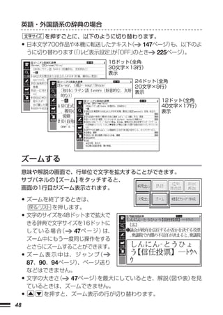 英語・外国語系の辞典の場合
            を押すごとに、以下のように切り替わります。
     •   日本文学700作品や本機に転送したテキスト（ 147ページ）も、以下のよ
         うに切り替わります「ルビ表示設定」「OFF」
                  （       が    のとき 225ページ）。
                            16ドット
                                （全角
                            30文字×13行）
                            表示
                                  24ドット
                                      （全角
                                  20文字×9行）
                                  表示
                                         12ドット
                                             （全角
                                         40文字×17行）
                                         表示




     ズームする
     意味や解説の画面で、行単位で文字を拡大することができます。
     サブパネルの ズーム】
           【    をタッチすると、
     画面の1行目がズーム表示されます。

     • ズームを終了するときは、
               を押します。
     • 文字のサイズを48ドットまで拡大で
         きる辞典で文字サイズを16ドットに
         している場合    （   47 ペ ー ジ ）は、
         ズーム中にもう一度同じ操作をする
         とさらにズームすることができます。
     •   ズ ー ム 表 示 中 は、 ジ ャ ン プ（
         87、90、94ページ）   、ページ送り
         などはできません。
     •   文字の大きさ   （   47ページ）   を最大にしているとき、解説（図や表）を見
         ているときは、ズームできません。
     •        を押すと、ズーム表示の行が切り替わります。
48
 