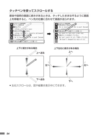 タッチペンを使ってスクロールする
     意味や説明の画面に続きがあるときは、タッチしたままなぞるように画面
     上を移動すると、ペン先の位置に合わせて画面が送られます。




          上下に続きがある場合           上下左右に続きがある場合
                                      上へ
                   上へ送る




                          左へ                  右へ




                   下へ送る
                                      下へ

     •   左右スクロールは、図や縦書き表示中にできます。




54
 