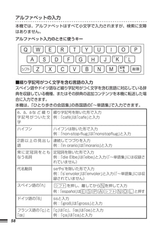 アルファベットの入力
     本機では、アルファベットはすべて小文字で入力されますが、検索に支障
     はありません。
     アルファベット入力のときに使うキー




     ■綴り字記号がつく文字を含む言語の入力
     スペイン語やドイツ語など綴り字記号がつく文字を含む言語に対応している辞
     典を収録している機種、またはその辞典の追加コンテンツを本機に転送した場
     合に入力できます。
     本機は、「ひとり歩きの会話集」の各国語の「∼単語集」
                              で入力できます。
     é、ä、à な ど 綴 り 綴り字記号を除いた形で入力
     字 記 号 が つ い た 文 例：「café」「cafe」
                            は      と入力
     字
     ハイフン           ハイフンは除いた形で入力
                    例：「non-stop-ﬂug」「nonstopﬂug」
                                    は           と入力
     2語 以 上 の 見 出 し 連続してつづりを入力
     語              例：「in orario」「inorario」
                                は         と入力
     常 に 定 冠 詞 を と も 定冠詞を除いた形で入力
     なう名詞            例：「die Elbe」 「elbe」
                                 は      と入力「∼単語集」
                                           （     には収録さ
                     れていません）
     代名動詞           seやs'を除いた形で入力
                    例： envoler」「envoler」
                      「s’      は        と入力「∼単語集」
                                          （     には収
                    録されていません）
     スペイン語の「ñ」           を押し、離してから       を押して入力
                    例：
                     「español」
                             は                        と押す
     ドイツ語の「ß」       ssと入力
                    例：「groß」「gross」
                           は       と入力
  フランス語の「ç」 「ç」「c」「œ」「oe」
           と   は  、   は  と入力
 「œ」         例：「ça」「ca」
                   は  と入力
58
 