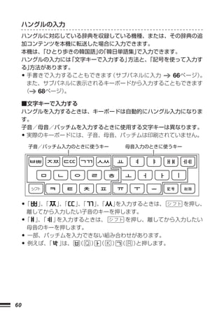 ハングルの入力
     ハングルに対応している辞典を収録している機種、または、その辞典の追
     加コンテンツを本機に転送した場合に入力できます。
     本機は、 「ひとり歩きの韓国語」「韓日単語集」
                     の       で入力できます。
     ハングルの入力には  「文字キーで入力する」方法と、「記号を使って入力す
     る」方法があります。
     •手書きで入力することもできます  （サブパネルに入力    66ページ）
                                         。
      また、サブパネルに表示されるキーボードから入力することもできます
     （   68ページ）。

     ■文字キーで入力する
     ハングルを入力するときは、キーボードは自動的にハングル入力になりま
     す。
     子音／母音／パッチムを入力するときに使用する文字キーは異なります。
     •実際のキーボードには、子音、母音、パッチムは印刷されていません。

         子音／パッチム入力のときに使うキー   母音入力のときに使うキー




     •「」「 」「 」「 」「 」
        、    、  、  、  を入力するときは、    を押し、
     離してから入力したい子音のキーを押します。
     •
     「 」「 」
        、   を入力するときは、   を押し、離してから入力したい
     母音のキーを押します。
     •
     一部、パッチムを入力できない組み合わせがあります。
     •
     例えば、 「 」は、G   G  G
                （ ）（ ）（ ） と押します。




60
 