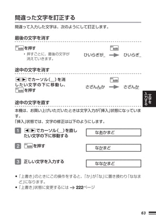 間違った文字を訂正する
間違って入力した文字は、次のようにして訂正します。

最後の文字を消す

    を押す
    • 押すごとに、最後の文字が         ひいらぎが_         ひいらぎ_
      消えていきます。


途中の文字を消す

     でカーソル    （＿）  を消
し た い 文 字 の 下 に 移 動 し、
                           さざんんか          さざんか
    を押す                                               入   文
                                                      力   字
                                                      す   を
                                                      る
途中の文字を直す
本機は、お買い上げいただいたときは文字入力が 挿入」
                       「  状態になっていま
す。
「挿入」状態では、文字の修正は以下のようにします。

1      でカーソル（＿）を直し                なあかまど
    たい文字の下に移動する

2      を押す                        なかまど


3 正しい文字を入力する                      ななかまど


•「上書き」のときにこの操作をすると、
                  「か」 「な」
                     が   に置き換わり「ななま
 ど」になります。
•「上書き」状態に変更するには          222ページ




                                                 63
 
