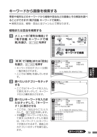 キーワードから画像を検索する
季節や場所などのキーワードから植物や昆虫などの画像とその解説を調べ
ることができます 電子図鑑 キーワードで検索）
        （             。
•検索方法は、植物・昆虫と全ジャンルとで異なります。

植物または昆虫を検索する

1 メニューの「便利な機能」で
    「電子図鑑 キーワードで検
    索」を選び、    を押す




2      で「植物」または「昆虫」
    を選び、     を押す
                                         ︿   辞
    • キーワードのカテゴリー（分類）                    応   典
      一覧が表示されます。                         用   を
                                         編   ひ
    • ここでは「植物」を選んでいきま                    ﹀   く
      す。

3 調べたいカテゴリーをタッチ
    する
    • ここでは「キーワードを入力し
      て探す」をタッチして、キーワー
      ドの入力欄を表示させます。

4 調べたいキーワードを入力ま
    たはタッチして、「キーワー
    ド１｣に表示させる
    • ここでは、  「めたからこう」と入
      力して、       を押します。
    • 手順 3 で「キーワードを入力し
      て探す」 以外をタッチした場合
      は、「キーワード１」  にキーワー
      ドが表示されるまで、画面上の
      カテゴリーのタッチを繰り返し
      ます。
                          次ページに続く
                                    79
 