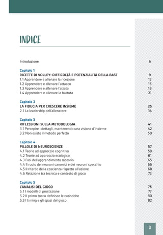 3
Introduzione
Capitolo 1
RICETTE DI VOLLEY: DIFFICOLTÀ E POTENZIALITÀ DELLA BASE
1.1 Apprendere e allenare la ricezione
1.2 Apprendere e allenare l’attacco
1.3 Apprendere e allenare l’alzata
1.4 Apprendere e allenare la battuta
Capitolo 2
LA FIDUCIA PER CRESCERE INSIEME
2.1 La leadership dell’allenatore
Capitolo 3
RIFLESSIONI SULLA METODOLOGIA
3.1 Percepire i dettagli, mantenendo una visione d’insieme
3.2 Non esiste il metodo perfetto
Capitolo 4
PILLOLE DI NEUROSCIENZE
4.1 Teorie ad approccio cognitivo
4.2 Teorie ad approccio ecologico
4.3 Fasi dell’apprendimento motorio
4.4 Il ruolo dei neuroni canonici e dei neuroni specchio
4.5 Il ritardo della coscienza rispetto all’azione
4.6 Relazione tra tecnica e contesto di gioco
Capitolo 5
L’ANALISI DEL GIOCO
5.1 I modelli di prestazione
5.2 Il primo tocco definisce le casistiche
5.3 I timing e gli spazi del gioco
INDICE
6
9
13
15
18
21
25
34
41
42
50
57
59
61
65
66
68
73
75
77
80
82
 