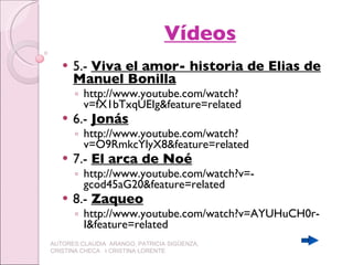 Vídeos 5.-  Viva el amor- historia de Elias de Manuel Bonilla http://www.youtube.com/watch?v=fX1bTxqUEIg&feature=related 6.-  Jonás http://www.youtube.com/watch?v=O9RmkcYlyX8&feature=related 7.-  El arca de Noé http://www.youtube.com/watch?v=-gcod45aG20&feature=related 8.-  Zaqueo http://www.youtube.com/watch?v=AYUHuCH0r-I&feature=related AUTORES:CLAUDIA  ARANGO, PATRICIA SIGÜENZA, CRISTINA CHECA  I CRISTINA LORENTE 