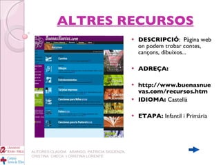 ALTRES RECURSOS DESCRIPCIÓ :  Pàgina web on podem trobar contes, cançons, dibuixos... ADREÇA: http://www.buenasnuevas.com/recursos.htm IDIOMA:  Castellà ETAPA:  Infantil i Primària AUTORES:CLAUDIA  ARANGO, PATRICIA SIGÜENZA, CRISTINA  CHECA  I CRISTINA LORENTE 